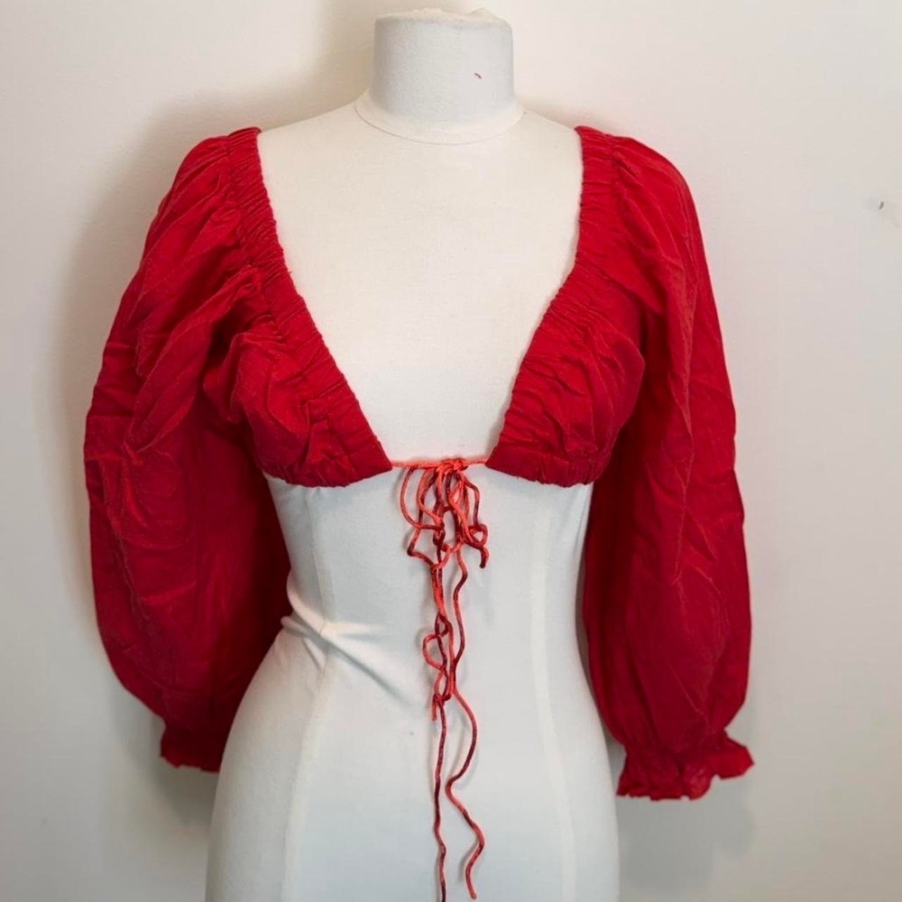 Red Ruched Tie-Front Crop Top